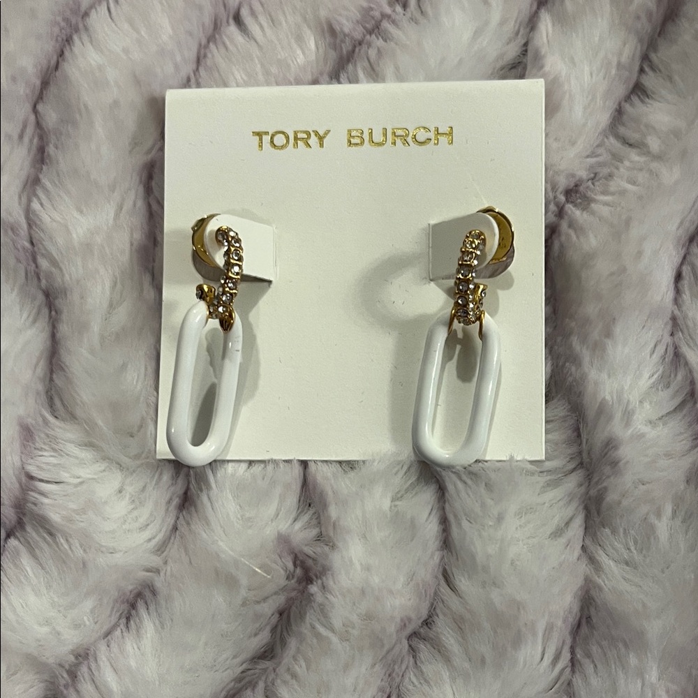 Tory Burch Gold Small hoops with White Dangles Earrings Brand New Unique